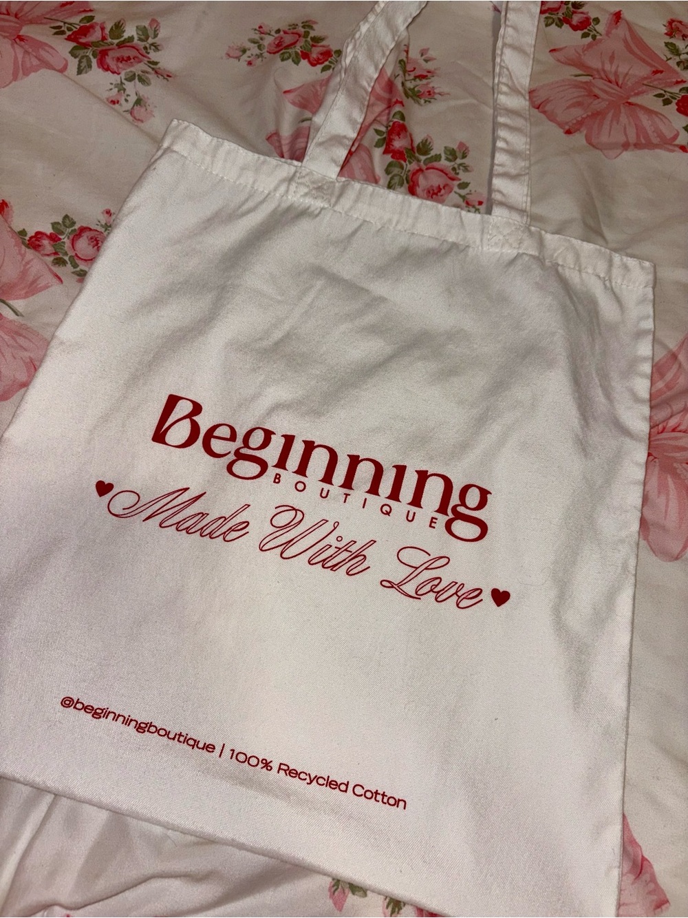 Beginning Boutique White Canvas Tote with Red Script Logo